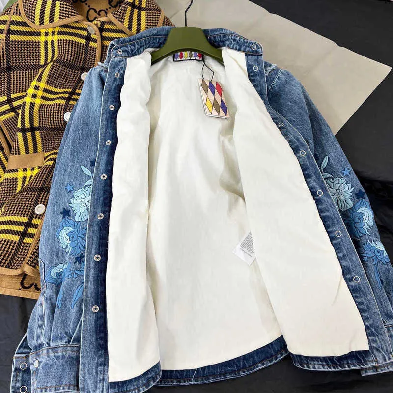 Women's Jackets Designer 22 autumn and winter heavy industry embroidery denim shirt coat women's lapel high E7MU