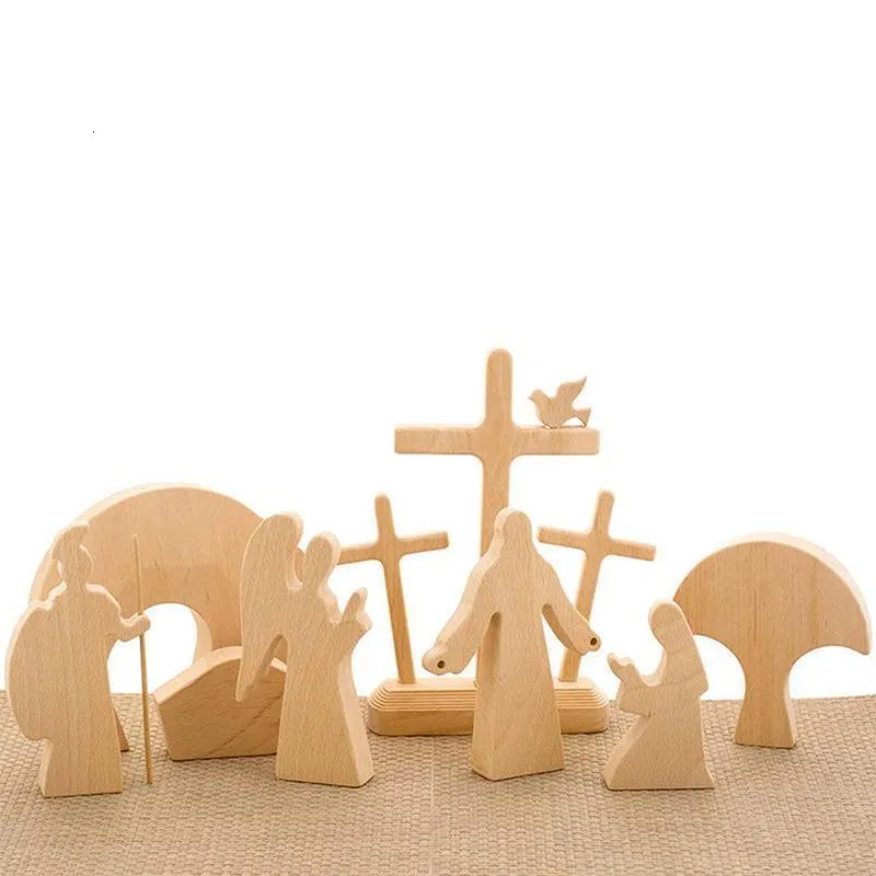 Objets décoratifs Figurines Pâques Résurrection Scène Nativité Set Décorations En Bois Pour La Maison Table Bureau Jésus Cadeau 230228