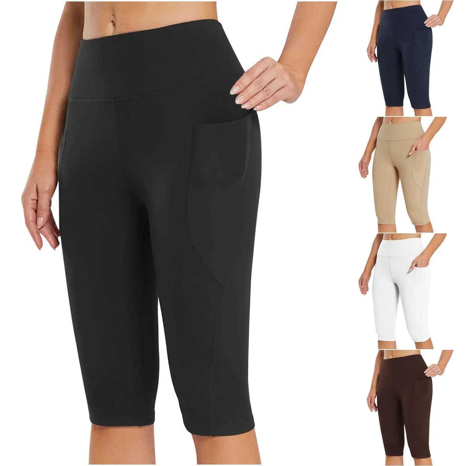 Летние женские однотонные карманные брюки для йоги, укороченные, полная длина
