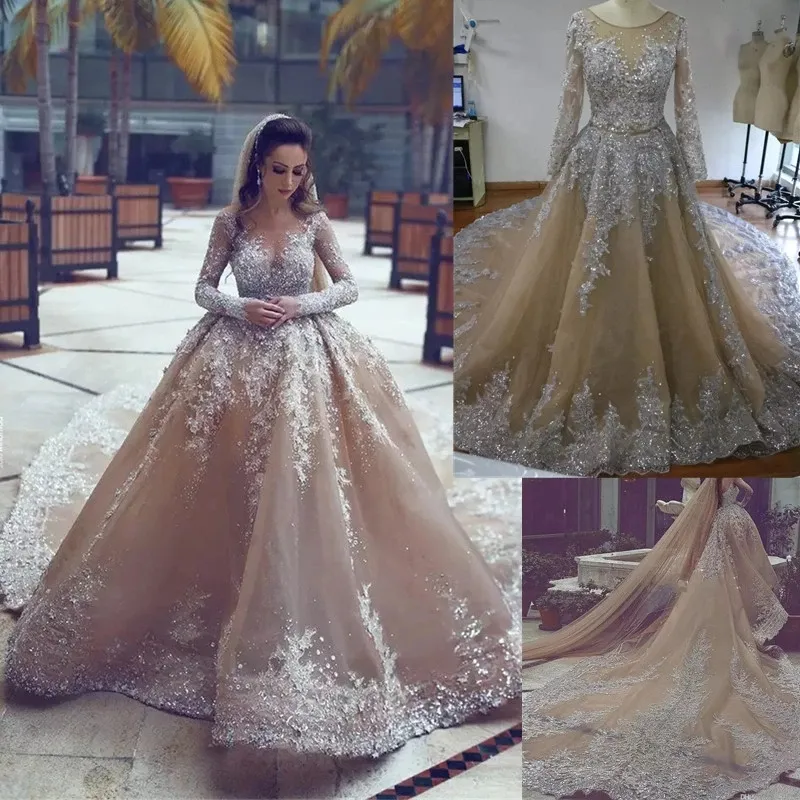 Sparkly Ball Gown Wedding Dresses Sheer Neck Sequins Beaded Tulle Long Sleeves Backless Wedding Gowns Plus Size Bridal Dresses