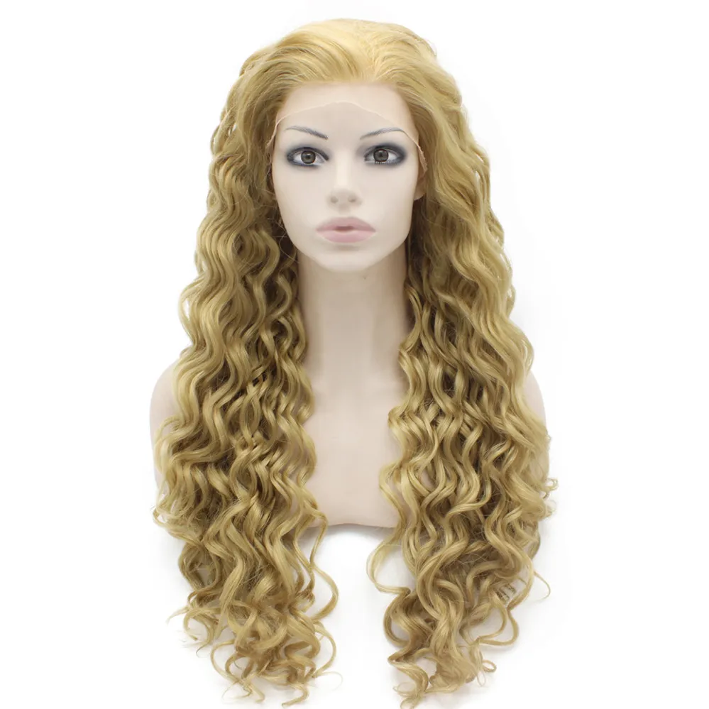 26" Extra Long Blond Cendré Bouclé Perruque Résistant À La Chaleur Cheveux Synthétiques Lace Front Perruque Bouclée