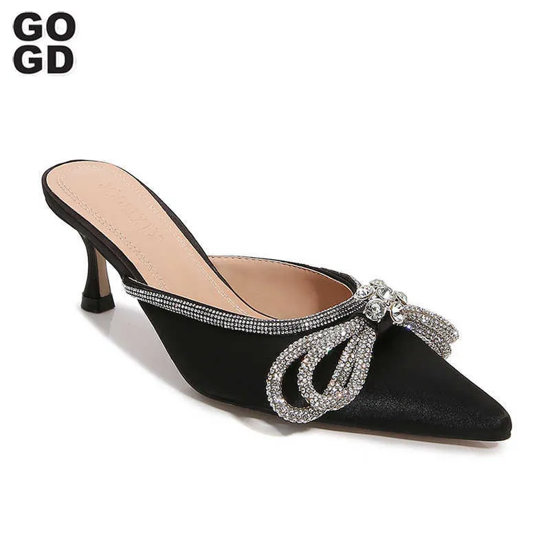 Платье Gogd Fashion Women Women Spring Shoes Diamonds Slippers Low Heel Bow Nowt Satin Luxury Elegant Sandals Office Lady Insl230301