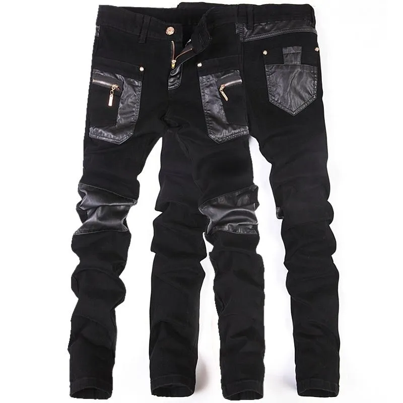 Men's Pants Fashion Men Leather Patchwork Casual Skinny Motorcycle Jeans High Quality Slim Trousers Size 28-36