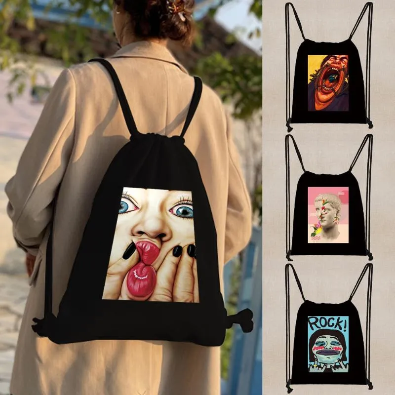 Rucksack Männer Sporttasche Cartoon Kordelzug Schulter Tote Leinwand Lagerung Für Jugendliche Sport Taschen Lustige Druck Brust Geschenk