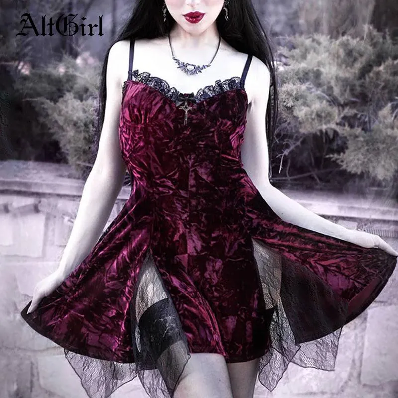 Casual Dresses Altgirl Mall Goth Red Velvet Dress Women Vintage Harajuku Lace High midja Split Dark Gothic Lolita Noble Emo Party