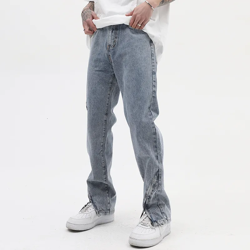 Jeans pour hommes cheville fermeture éclair déchiré lavé rétro hommes Jeans droites larges poches sur les jambes en détresse décontracté Denim pantalon ample Hip Hop pantalon 230301