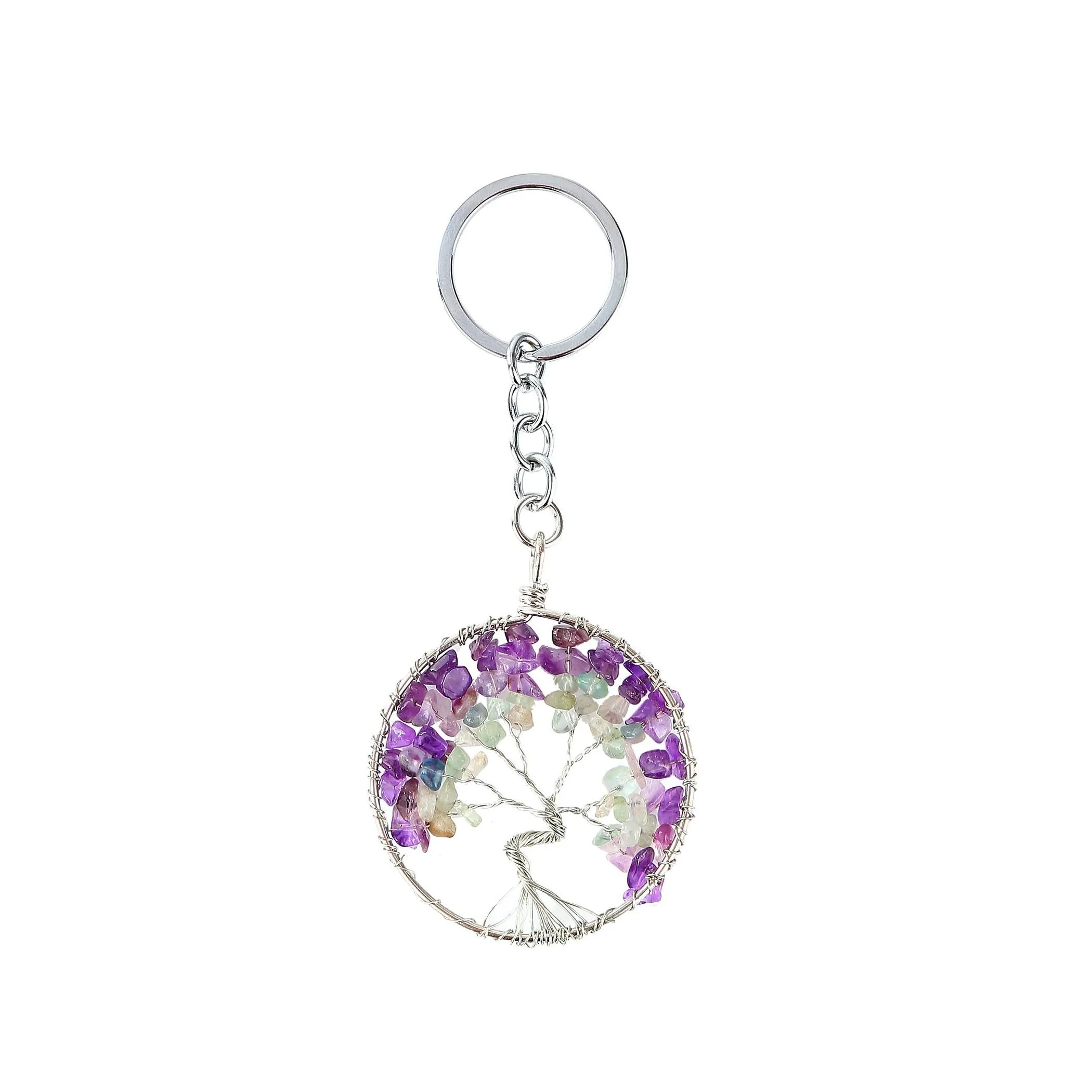 Auto DVR Lockets Tree of Life Keychain Natural Crystal Stone Handmade DIY Amethist Charme Hangdoek ketting Groothandel drop levering sieraden NEC DHFXF