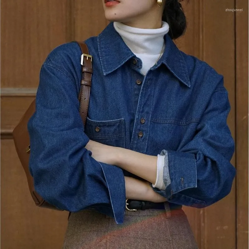 Kvinnor Bluses Women's Denim Shirts 2023 Spring Autumn Fashion Turn-Down Collar Long Sleeve Button Casual Harajuku Vintage Ladies Tops