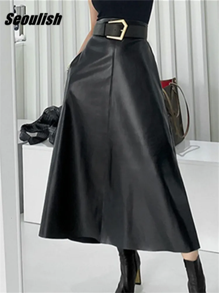 スカートSeoulish Classic Black Faux Pu Leather Long Skirts with Belted High Waist Umbrella Skirts Ladies女性秋冬230301