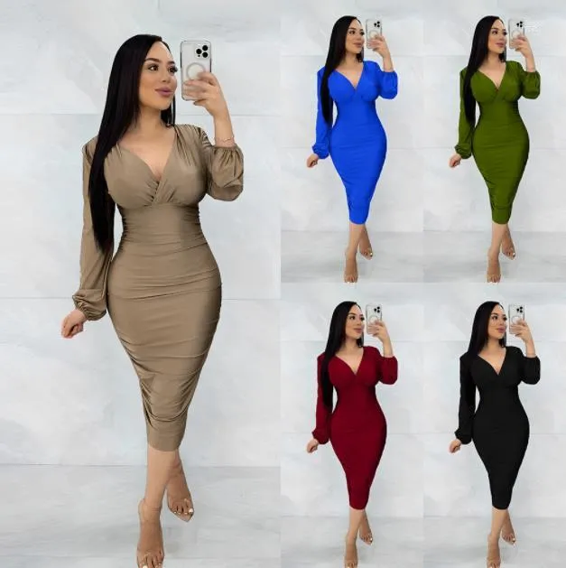 Casual Dresses Women's Mid Long Skirts Spring Summer Sexy Deep V-neck Sleeve Folds Ladies Dress Elegantes Bodycon High Waist