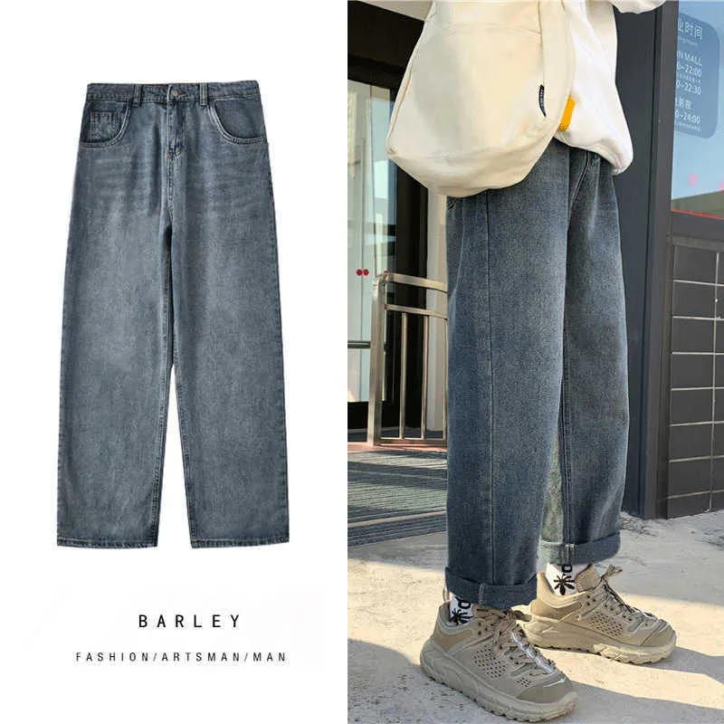 Męskie dżinsy męskie jeansy wiosna jesień worka prosta szerokie spodnie koreańskie modne solidne dna vintag dna swobodne spodnie plus rozmiar męski odzież Z0301