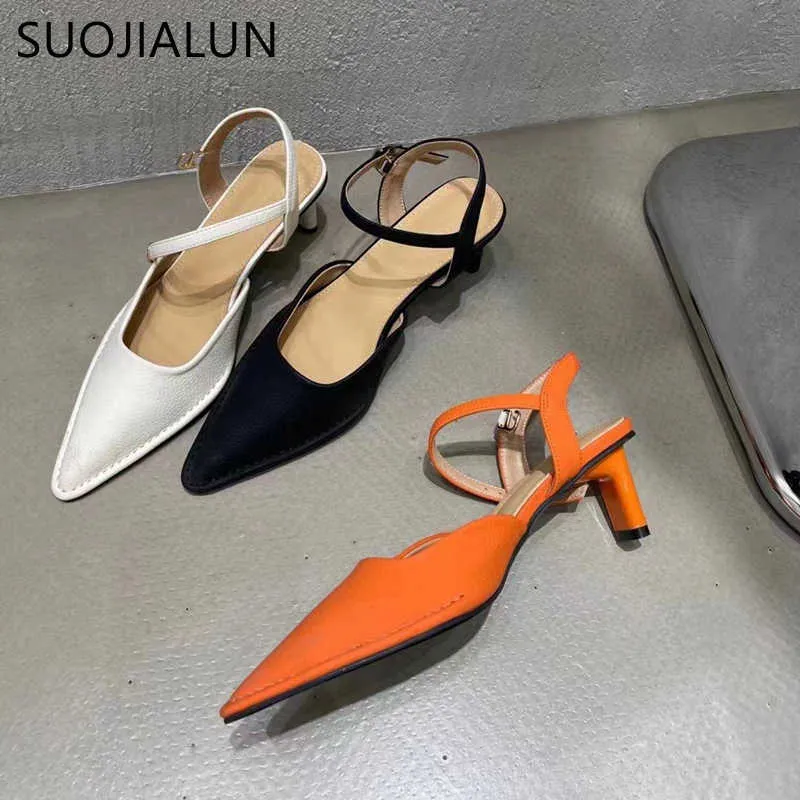 SUOJIALUN 2023 Printemps Nouvelle Marque Femmes Sandale De Mode Bout Pointu Peu Profonde Slingback Chaussures Carré À Talons Hauts Robe Parti Pompes ShoeL230301