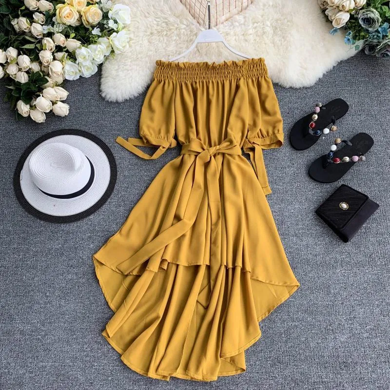 Festklänningar vintage smal asymmetrisk sommar sexig off axelbandage midi klänning kvinnor avslappnade rashes oregelbundna slips strand vestidos