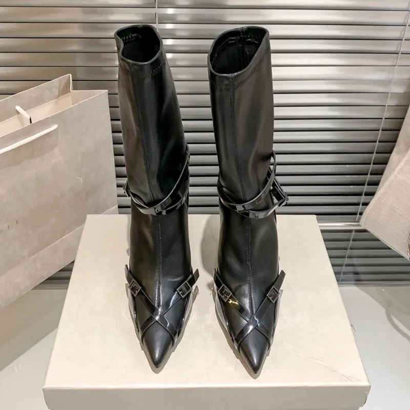 Black Fashion Boots High-Haked Buckle puntige tenen Designer laarzen damesschoenen