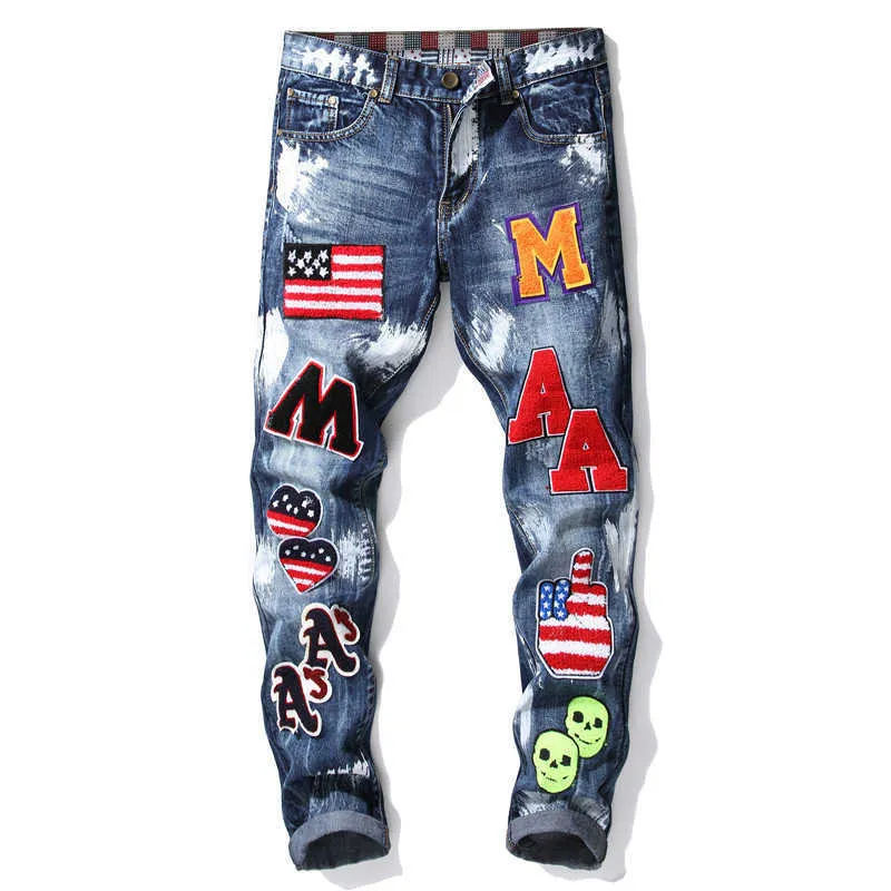 Männer Jeans Neue Mode Marke Herbst Winter Patchwork Ripped Bestickt Stretch Trendy Löcher Gerade Denim Hosen Y2303