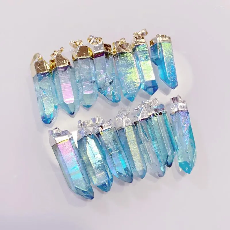 Anhänger-Halsketten, 5 Stück, Aqua Blue Angel Aura Quarzspitze mit versilbertem Gold-Heilkristall-Edelstein-Charm