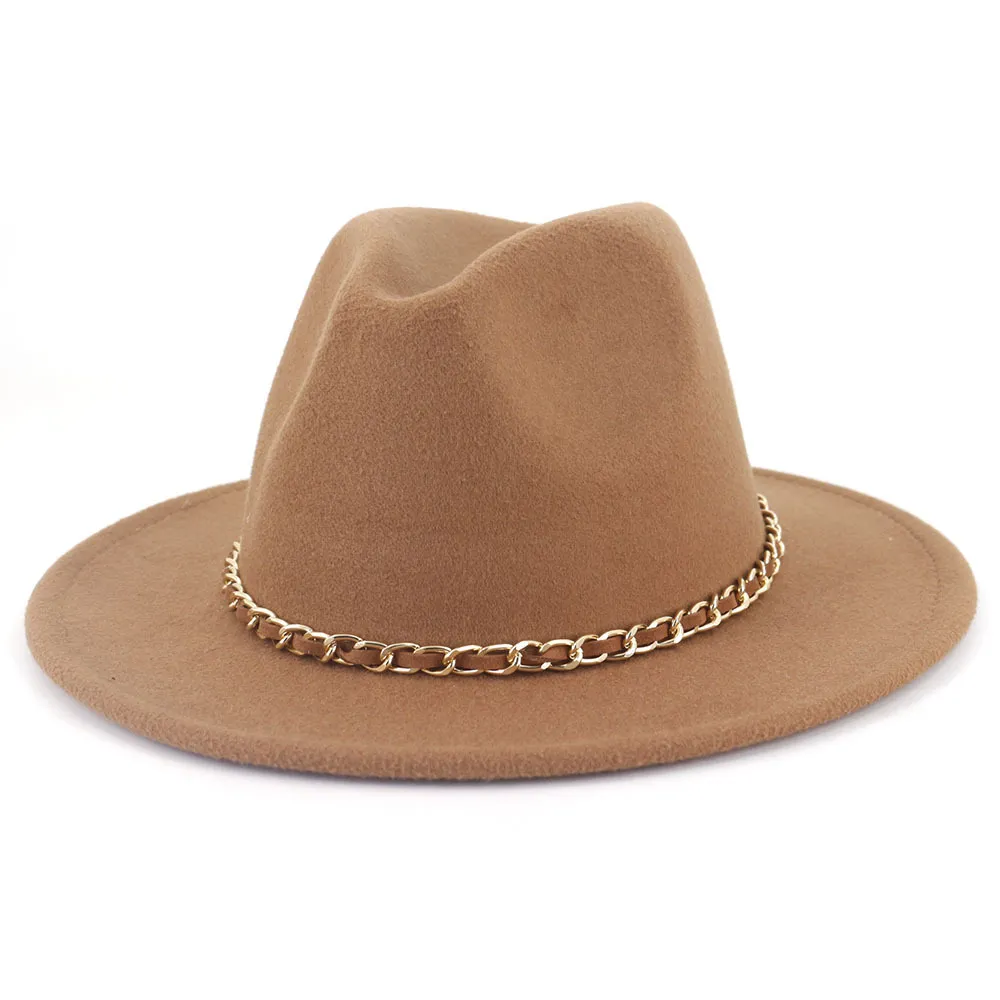 Vrouwen mannen wijd rand fedora hoed met ketting herfst winter faux derby bruiloft jazz hoeden feest cowboy vilt cap sombreros de mujer