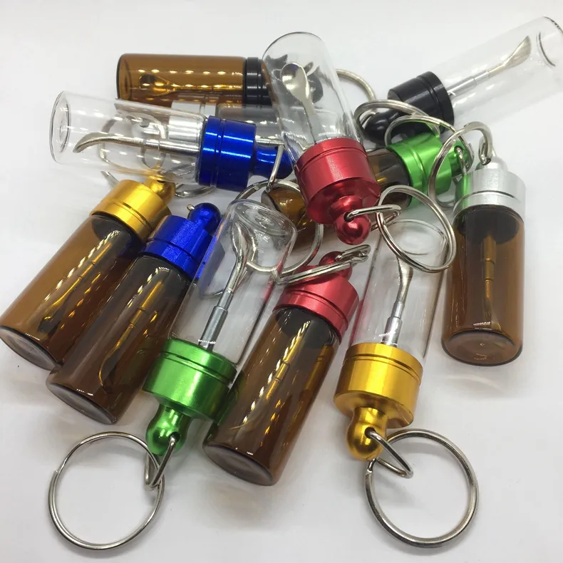 Rökning Snorter Sniffer Snuffer Colorful Aluminium Cap Portable Ring Telescopic Scoop Spoon Glass Herb Tobacco Storage Botte Spice Miller Stash Case Snuff Jar DHL