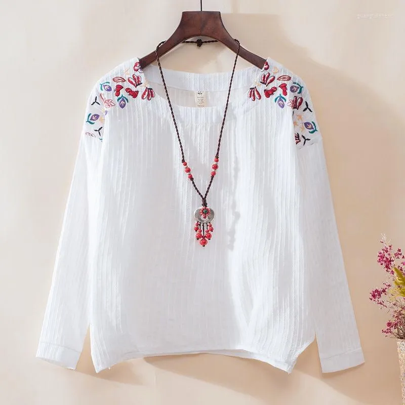 Women's Blouses Ethnic Vintage White Floral geborduurd voor vrouwen losse shirt vrouw katoen linnen top casual blusas plus xxxl geel