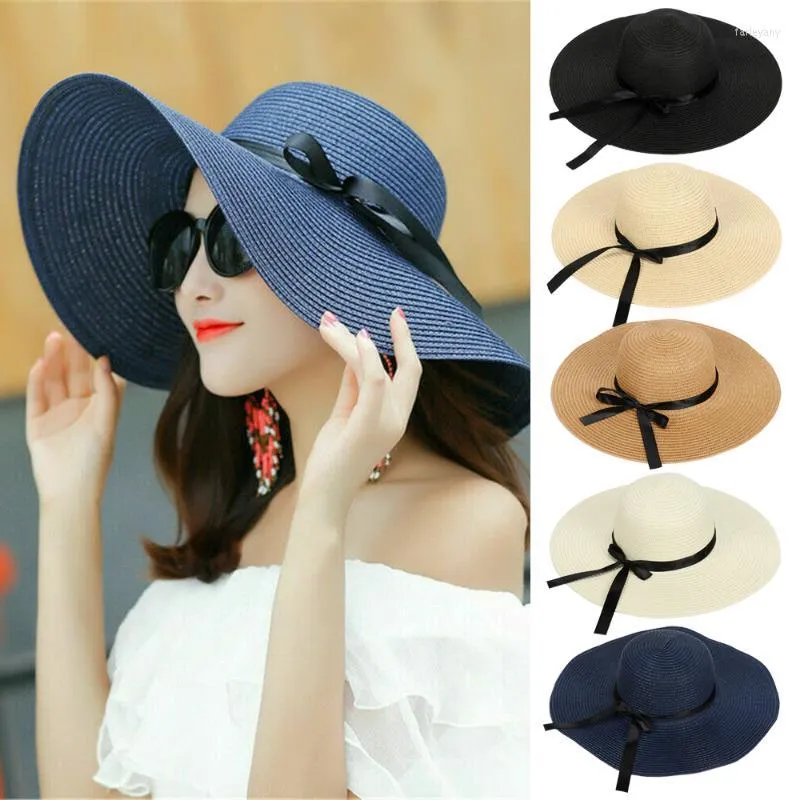 Wide Brim Hats Summer Solid Color Straw Hat Women Big Beach Travel Simple Foldable Sun Sunscreen UV Protection Panama CapWide