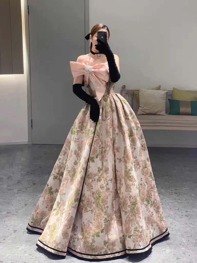 Prachtige strapless avondjurken Jacquard bloemenprint Franse stijl satijn met boogfee Crystal A-line prom party jurken vrouw 2023