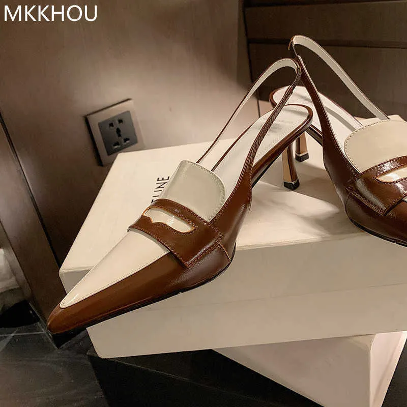 فستان أحذية Mkkhou Fashion Sandals جديدة عالية الجودة الجلدية مدببة إصبع القدم ملونة عالية الكعب عالي مزاج ركاب النساء أحذية 230301