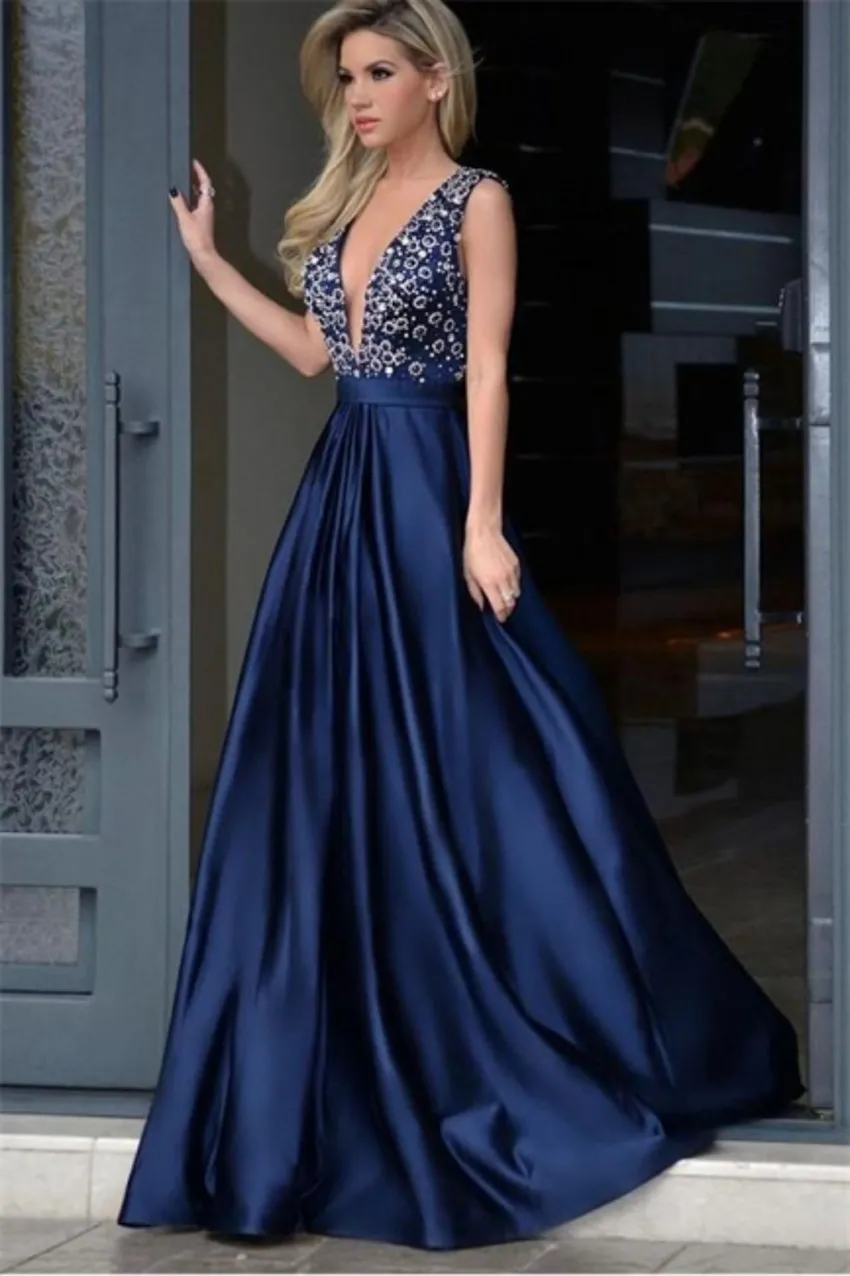 Royal Blue Evening Dresses Sexy Plunging Neck Low V Cut Backless Sequins Prom Dresses Women Party Occasion Gowns Vestidos BC15320