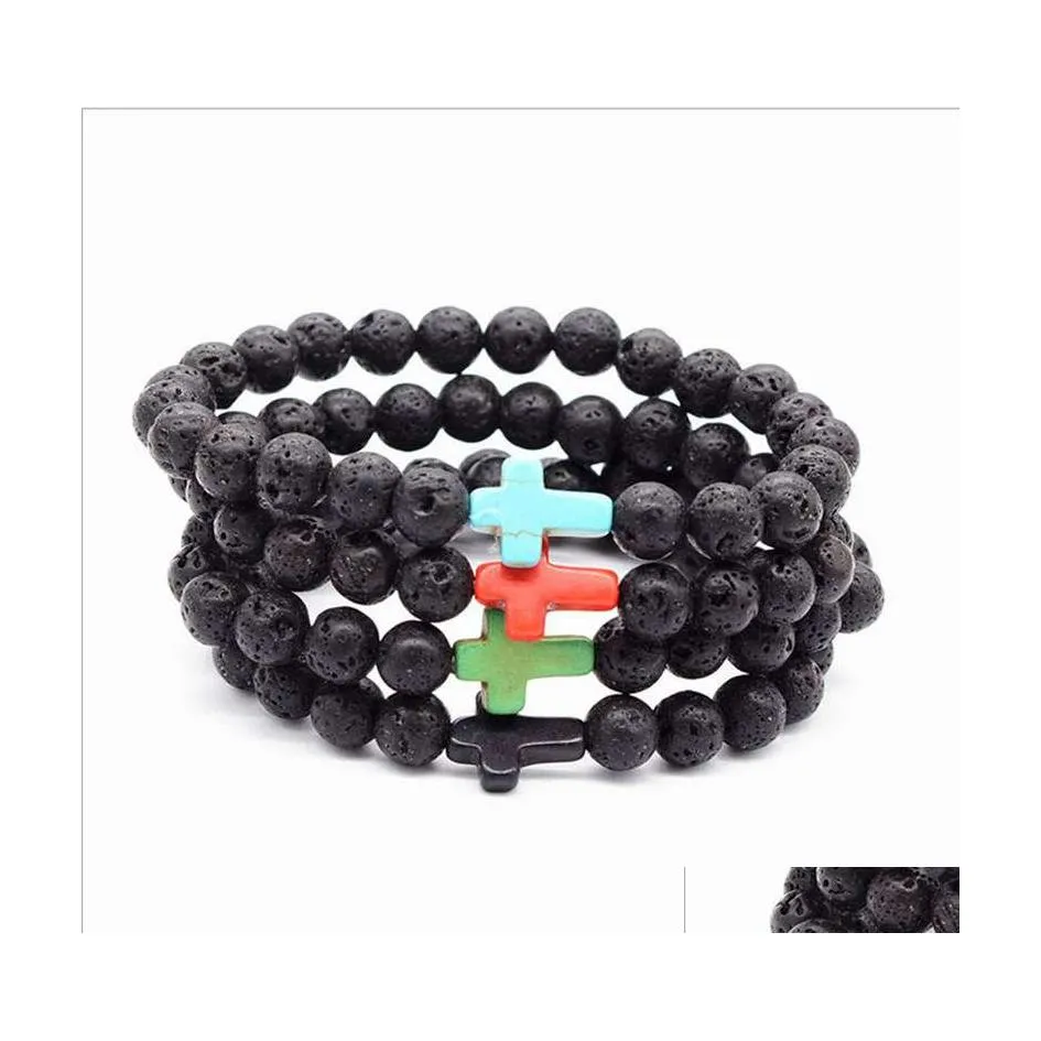 voiture dvr brins de perles bracelet de perles de lave naturelle croix hommes et femmes diffusion d'huile essentielle bijoux de yoga livraison directe bracelets Dh32P