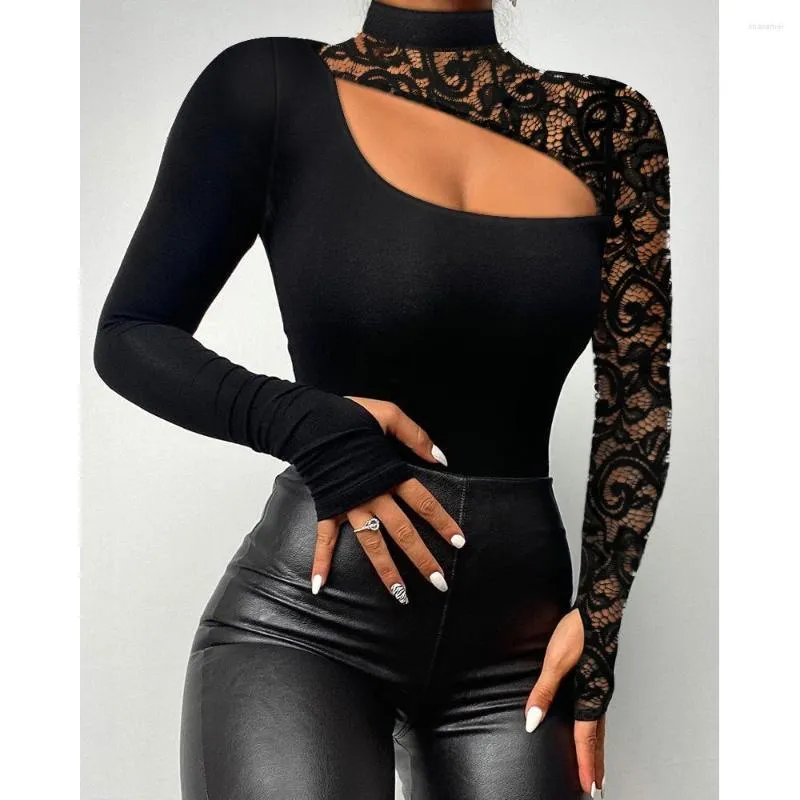 Women's Blouses 2023 Autumn Winter Contrast Lace Cutout Hollow Out Long Sleeve Top Fashion Women Black Sexy Skinny Pullover Tops Vrouw