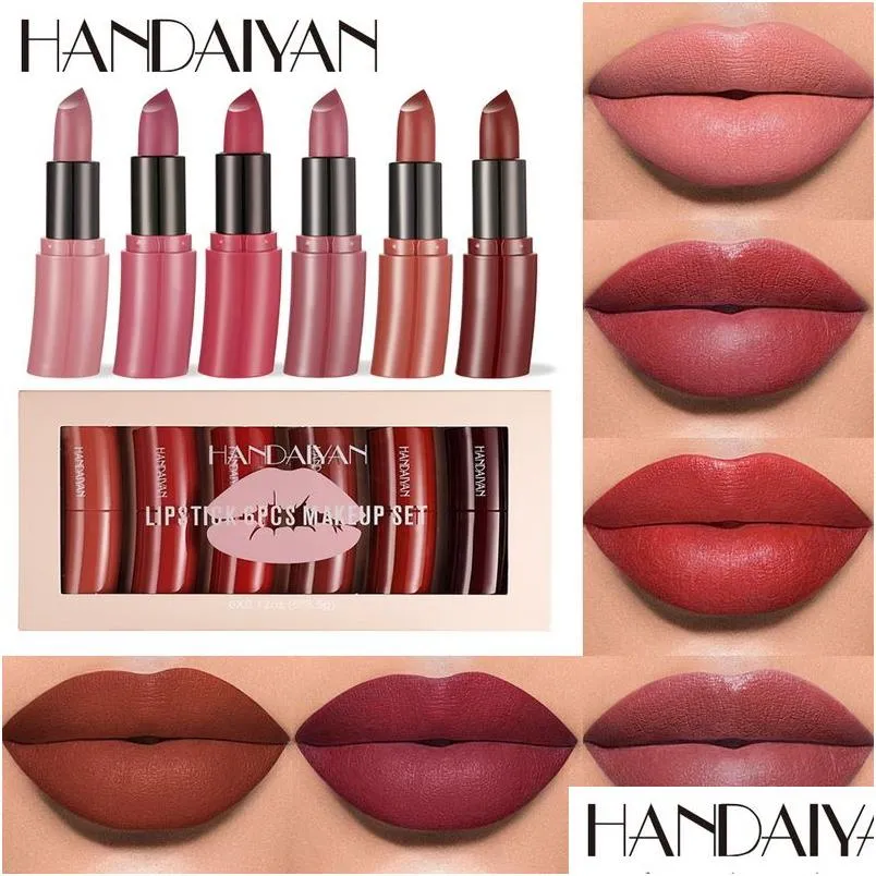 Lápiz labial Handaiyan Arc Matte Set 6 piezas Colores ricos Veet Hidratante Duradero Fácil de usar Belleza Maquillage Maquillaje de lujo Gota del Dhpwh