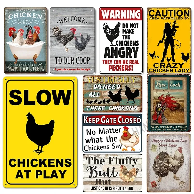 Funny Chicken Coop art peinture tin Sign Slow Chickens At Play Attention Vintage Chicken Warning metal Tin Signs for Farmhouse Gate Fence Wall decor Taille 30X20CM w02