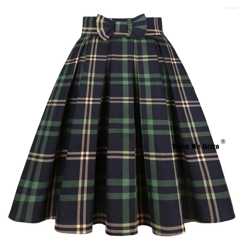 Skirts 50s 60s Blue Green Women Summer Cotton Vintage Skirt With Pockets SS0012 Harajuku Punk Rokken Pleated Plaid Faldas