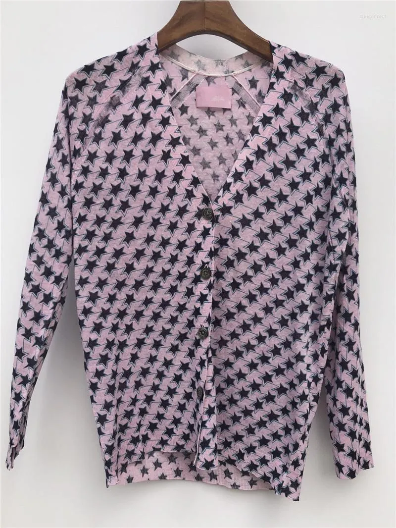 Женские блузки 2023 SS полная рукава v Seck Women Blouse Рубашки для звездного припечатка мягкий и удобный льняной смешанный вязаный кардиган