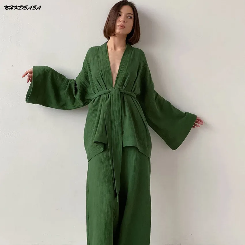 Apresenta de sono feminina NHKDSASA Kimono Pijamas 100% algodão Crepe de calça de mangas compridas