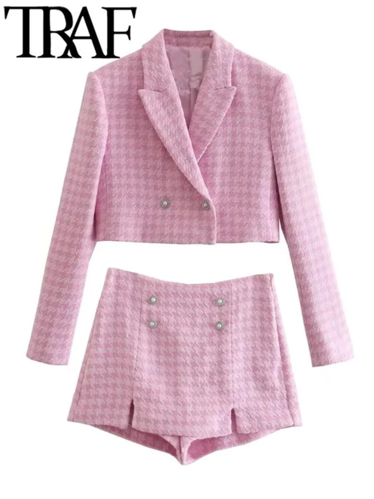 Pantalon deux pièces pour femmes TRAF printemps femmes décontracté veste en tweed recadrée bouton orné pied de poule rose Blazer jupes Shorts 2 pièces ensemble 230301