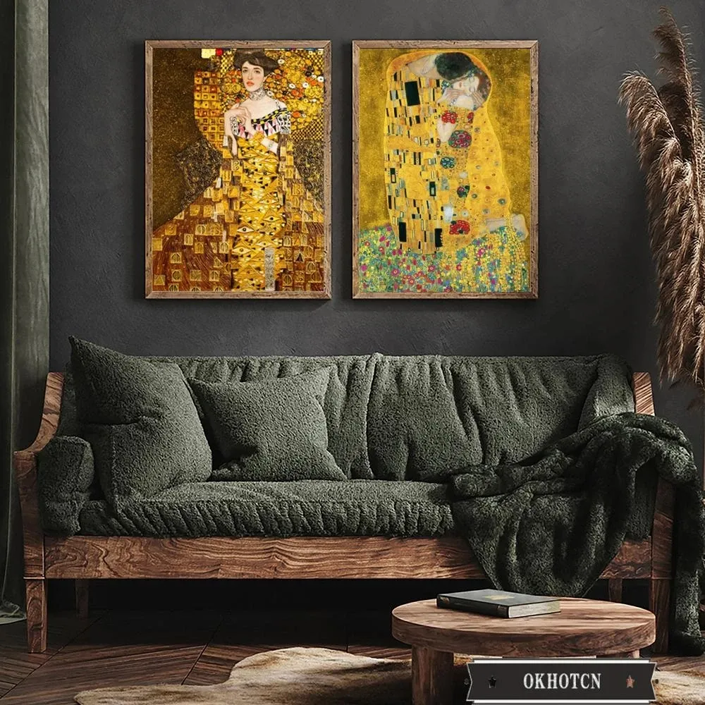 Målningar The Kiss Adele Bloch Bauer Retro Famous Gustav Klimt Poster HD Print Canvas målar väggkonst Bild för interiör vardagsrum woo