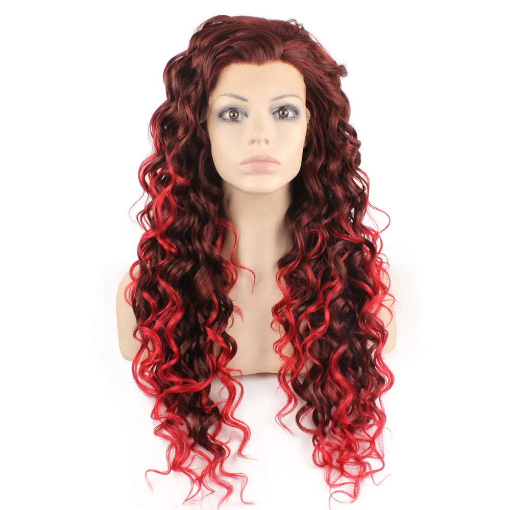 26" Extra Long Curly Lace Front Wig Auburn Tip-red Heat Friendly Synthetic Hair Wig