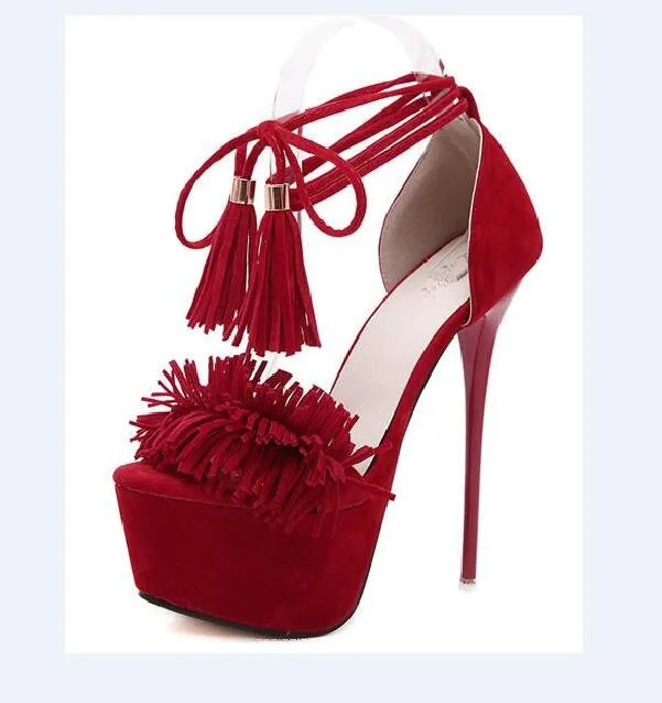 Nya kvinnor skor pälskor remmar höga klackar 16,5 cm stilettmodell catwalk sko tassel sexig eleganta höga klackar