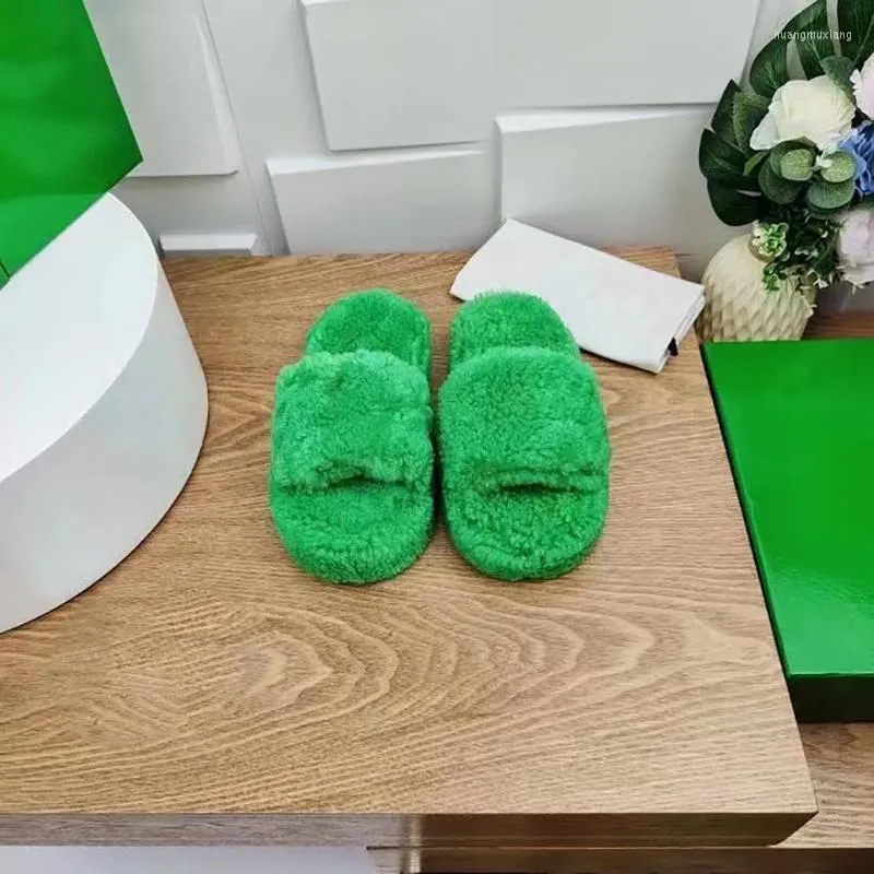 Slippers Peep Toe Thick Sole Women Green Corduroy Flat Outdoor Ladies Slides Summer Autumn Furry Flip Flops Wome