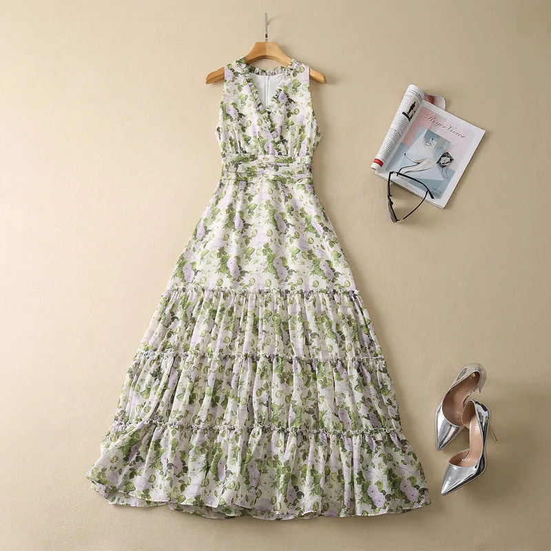2023 Spring Multicolor Floral Print Panelled Dress Sleeveless V-Neck Midi Casual Dresses S3F281222 Plus Size XXL