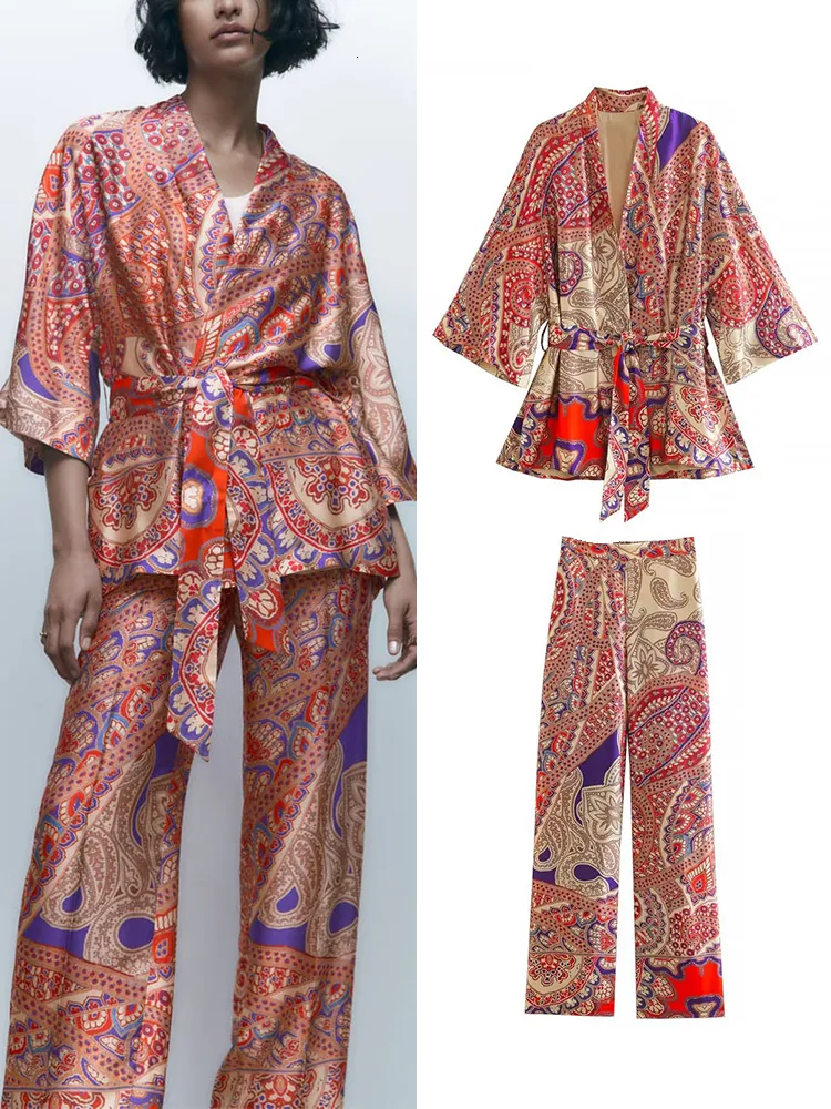 Women's Two Piece Pants TRAF Woman Japan Style Print Shirts Sets Fashion Loose Kimono Long Sleeve Blouse With Belt Trousers Casual Set 230228
