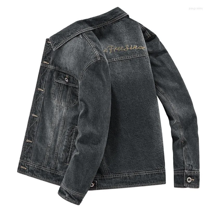 Herenjacks 2023 katoen denim jas mannen casual letters borduurwerk revers jeans herfst slank fit hoofde kwaliteit herenjacht m-6xl