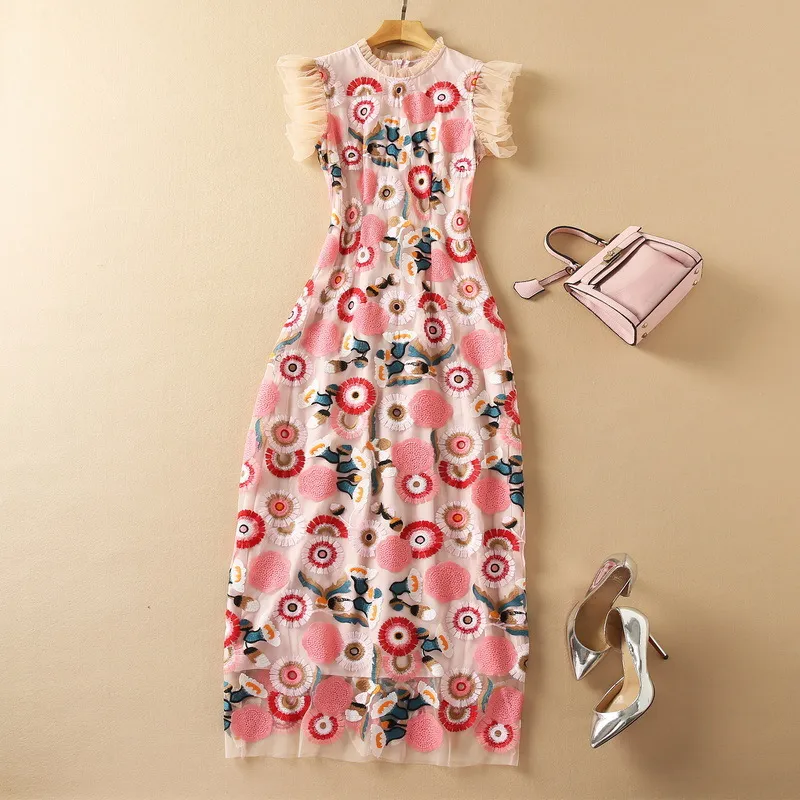 Spring Summer Sleeveless Round Neck Dress Pink Floral Print Tulle Embroidery Panelled Long Maxi Elegant Casual Dresses 21O301027