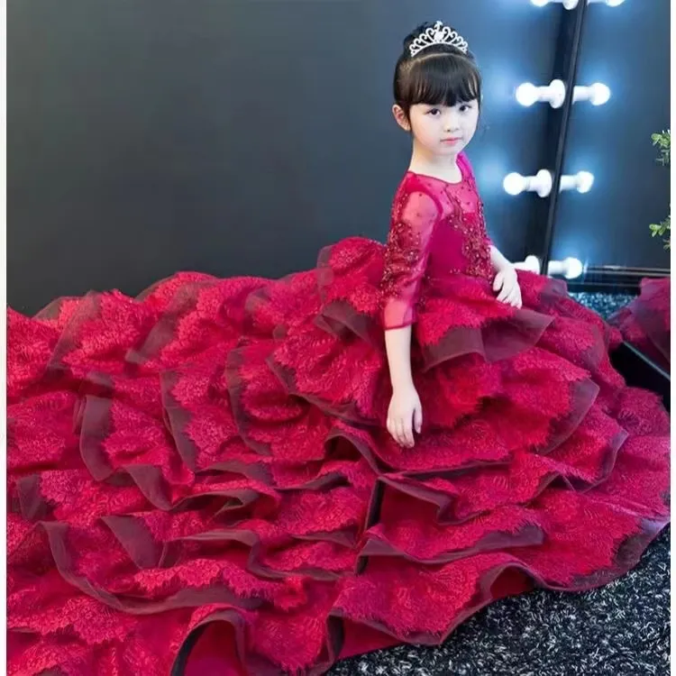 Imagem real FLOR GIRLS DRESSÃO VESTIMENTO BEBÊ ROPOS DE LACE 3D FLORES APPLICES MIÇAS POUGULAS TULLE CRIANÇAS VODOS DO CEDIDADO MADE