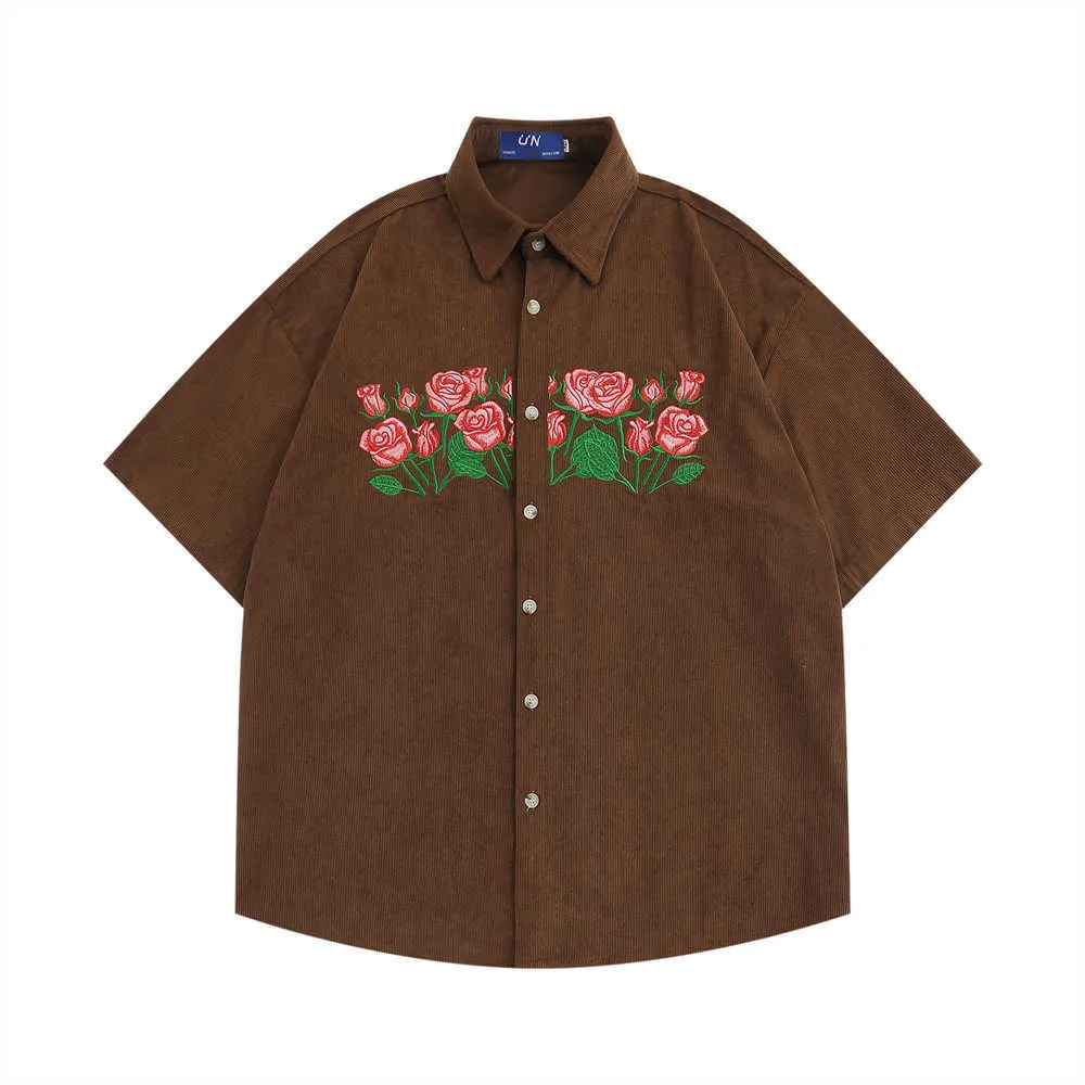 Men's Casual Shirts Dark Floral Embroidery Corduroy Shirts Men Women Summer Casual Men's Shirt Male Top Brown Blue Z0224