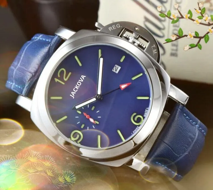 Lumious Mens Quartz Automatic Stopwatch 시계 고무 가죽 벨트 유명한 손목 시계 사파이어 스포츠 큰 자동차 데이트 남자 드레스 디자이너 남성 선물 손목 시계