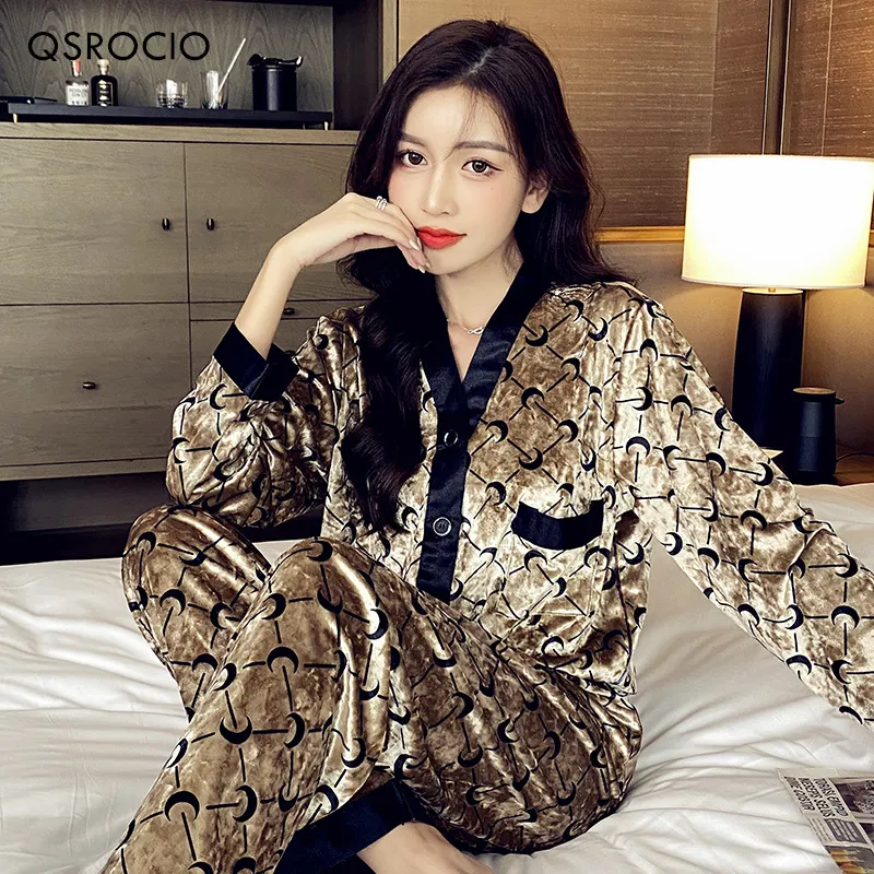 High Quality Women's Pajamas Set Golden Velvet Sleepwear Luxury Style  Homewear V Neck Nightwear Casual Pyjamas Femme New