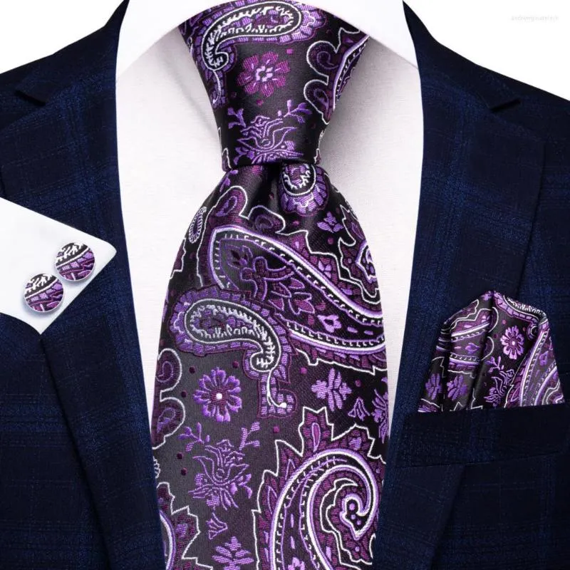 Bowbanden paarse witte paisley zijden stropdas voor mannen handky cufflink cadeau heren stroperij mode zakenfeest bruiloft dropshiphiping hi-tie ontwerp