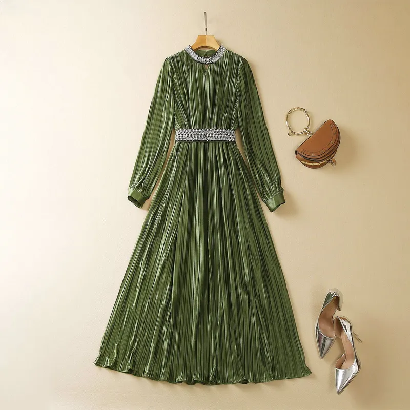 Spring Hot Pink Green Pleated Pearl Beaded Midi Dress Long Sleeve Crew Neck  Plus Size XXL from Dhgate Basic & Casual Dresses - price 68.56