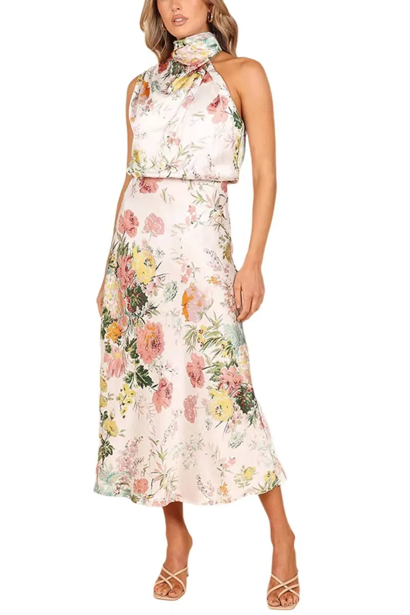 Femmes Robes Décontractées Satin Imprimé Floral Sans Manches Halter Neck Long A-Line Dress